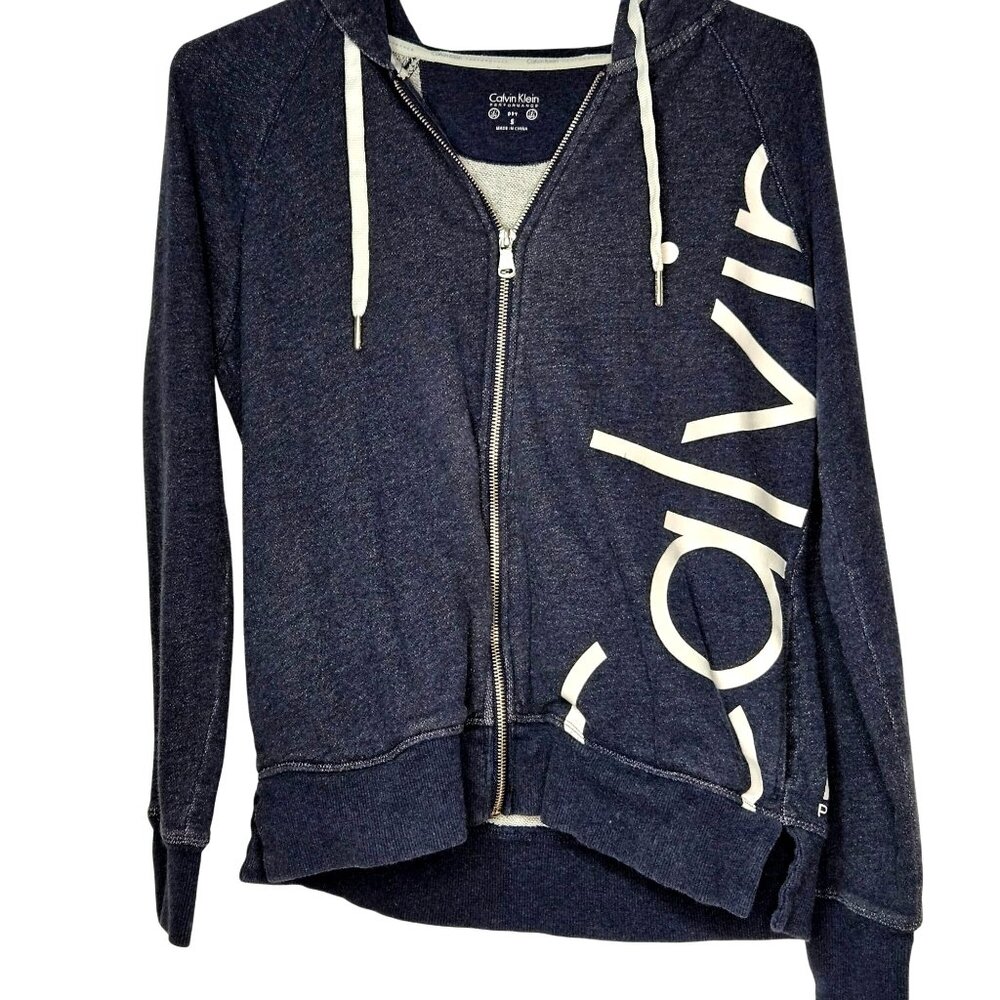 Calvin Klein Performance Womens Navy Zip-Up Hoodie With Logo Print S Cotton Blen